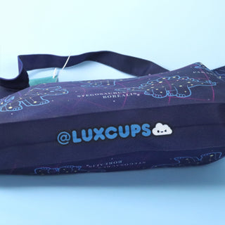 Blue product with 'LUXCUPS' branding on a light blue background