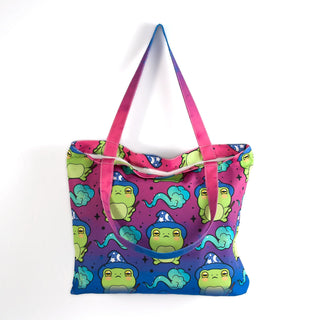 LuxCups Creative Frog Magic Tote Bag - Kawaii Shoulder Bag Kawaii Frog Zippered Tote Amphibian Zippered Bag Wizard Shopping Bag Magical Tote Bag Kawaii Tote
